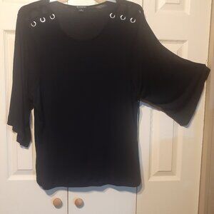 Misses Black Elbow-Length Bell-Sleeve Top with Grommet and Lace Shoulder Detail